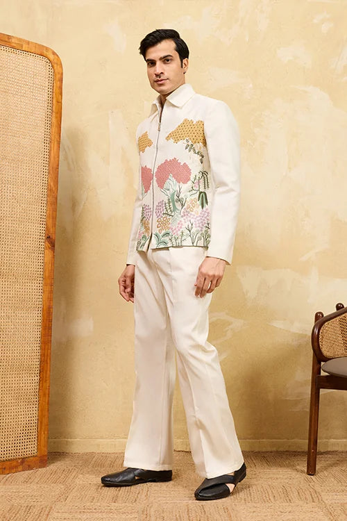 White Velvet Embroidered Bomber Jacket with Pant for Mens Wear Clothsvilla