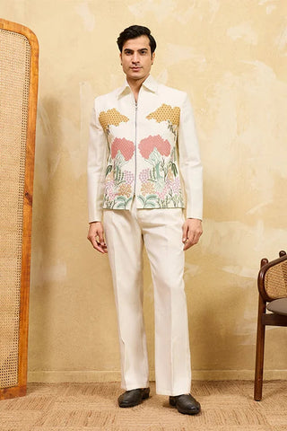 White Velvet Embroidered Bomber Jacket with Pant for Mens Wear Clothsvilla