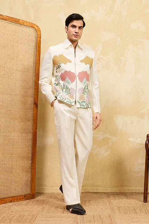 White Velvet Embroidered Bomber Jacket with Pant for Mens Wear Clothsvilla
