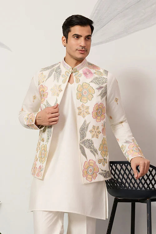 Carnival Function White Koti Kurta Pair for Mens Wear Clothsvilla