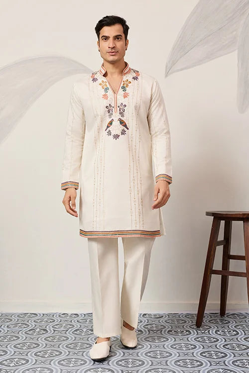 Luxury White V Neck Kurta Pant for Festive Wear Clothsvilla