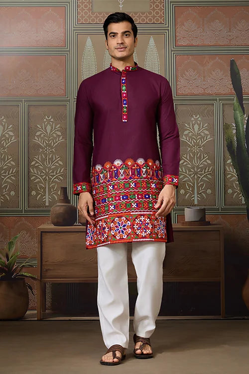 Navratri Wine Cotton Kurta for Mens with Pajama Clothsvilla