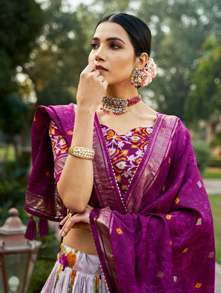 Wine Dola Silk Lehenga Choli with Floral & Patola Print ClothsVilla