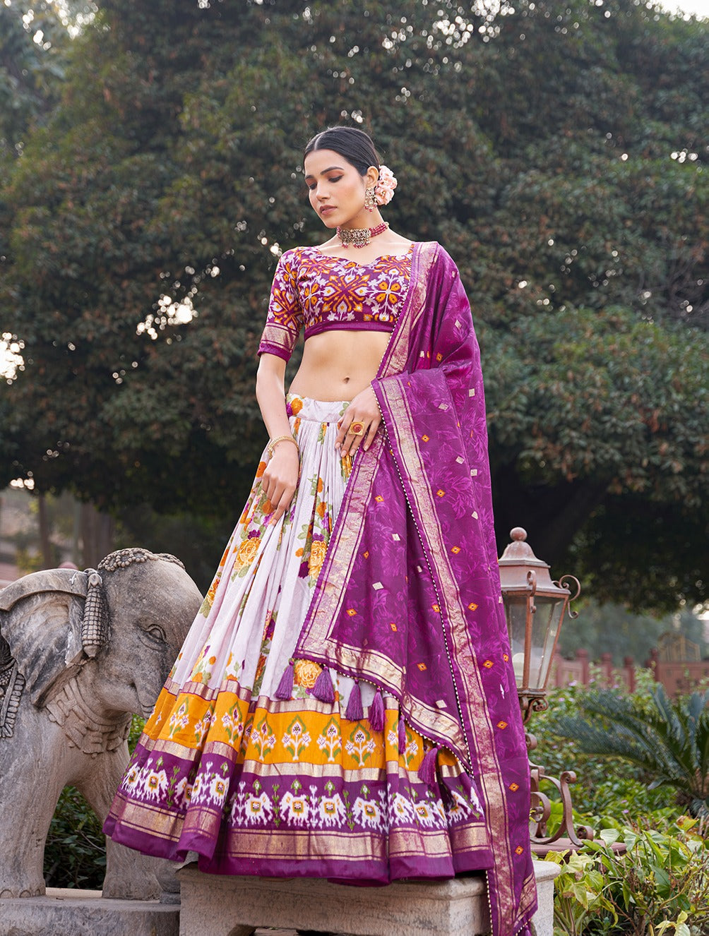 Wine Dola Silk Lehenga Choli with Floral & Patola Print ClothsVilla