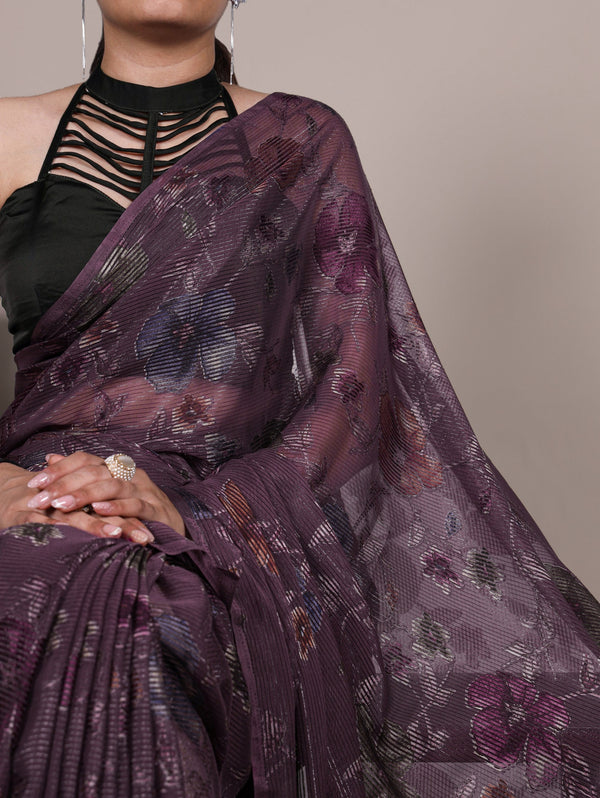 Wine Elegant Lurex Brasso Saree with Floral Viscose Brasso Work & Silk Blouse Piece ClothsVilla