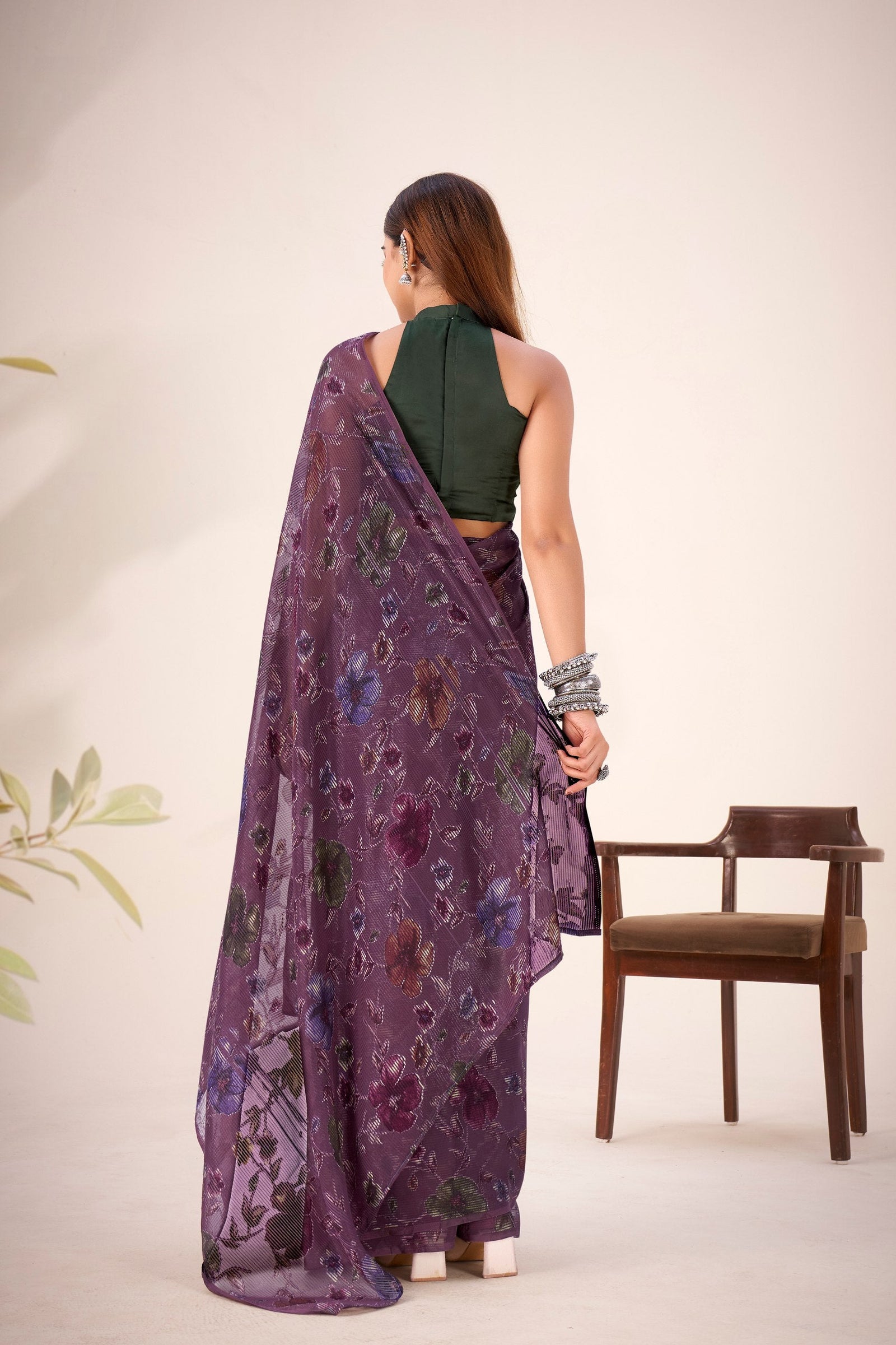 Wine Elegant Lurex Brasso Saree with Floral Viscose Brasso Work & Silk Blouse Piece ClothsVilla