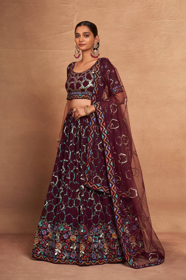 Wine Heavy Georgette Embroidered Lehenga Choli Set with Sequins & Net Dupatta ClothsVilla