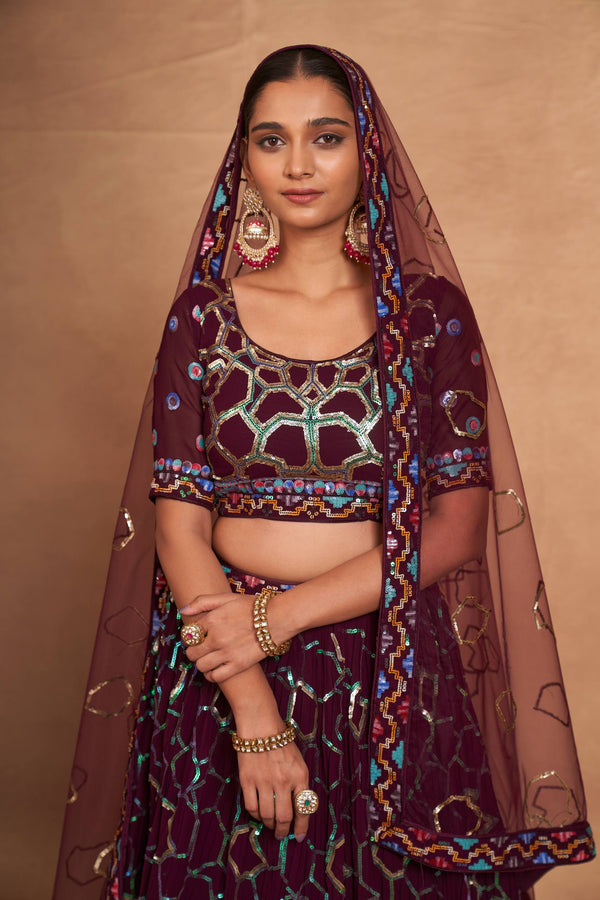 Wine Heavy Georgette Embroidered Lehenga Choli Set with Sequins & Net Dupatta ClothsVilla