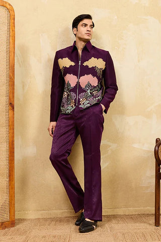 Wine Embroidery Bomber Jacket with Matching Pants for Mens Wear Clothsvilla
