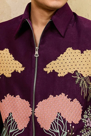 Wine Embroidery Bomber Jacket with Matching Pants for Mens Wear Clothsvilla