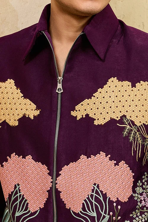 Wine Embroidery Bomber Jacket with Matching Pants for Mens Wear Clothsvilla
