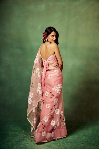 Blush Pink Pure Organza Saree with Hand-Painted White Floral Motifs & Sequin Accents | Satin Blouse FANCY SAREES