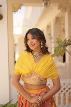 Load image into Gallery viewer, Russian Silk Yellow Lehenga Choli Set: Foil Print, Can-Can Flair ClothsVilla