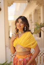 Load image into Gallery viewer, Russian Silk Yellow Lehenga Choli Set: Foil Print, Can-Can Flair ClothsVilla