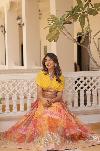 Russian Silk Yellow Lehenga Choli Set: Foil Print, Can-Can Flair ClothsVilla