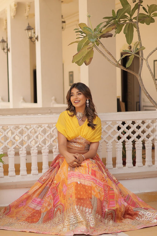 Russian Silk Yellow Lehenga Choli Set: Foil Print, Can-Can Flair ClothsVilla