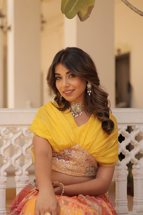 Russian Silk Yellow Lehenga Choli Set: Foil Print, Can-Can Flair ClothsVilla