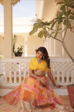 Load image into Gallery viewer, Russian Silk Yellow Lehenga Choli Set: Foil Print, Can-Can Flair ClothsVilla