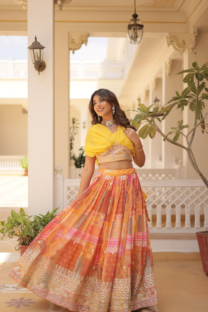 Russian Silk Yellow Lehenga Choli Set: Foil Print, Can-Can Flair ClothsVilla