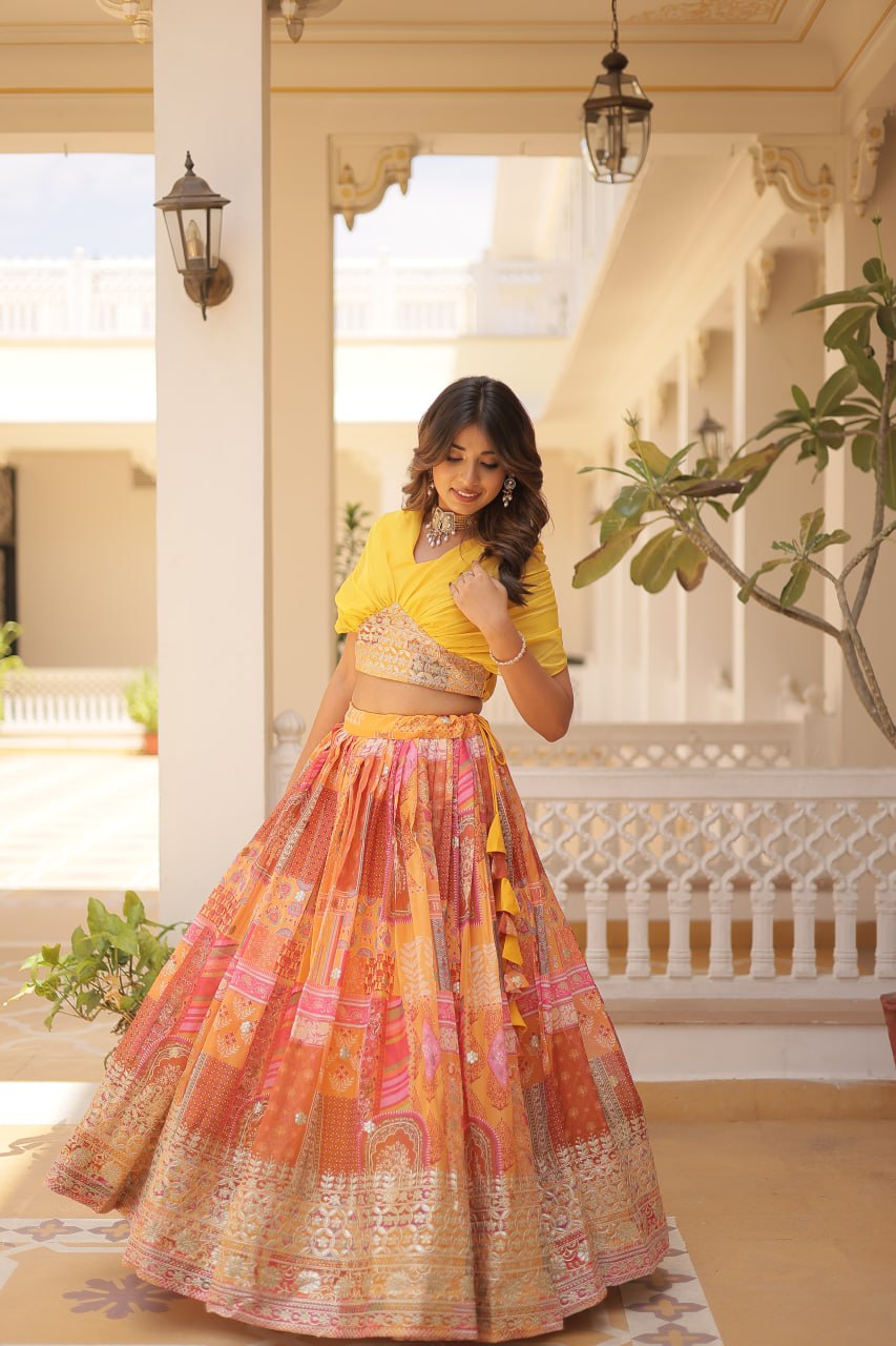 Russian Silk Yellow Lehenga Choli Set: Foil Print, Can-Can Flair ClothsVilla Main image