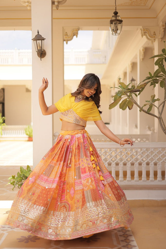 Russian Silk Yellow Lehenga Choli Set: Foil Print, Can-Can Flair ClothsVilla