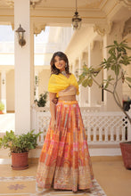 Load image into Gallery viewer, Russian Silk Yellow Lehenga Choli Set: Foil Print, Can-Can Flair ClothsVilla