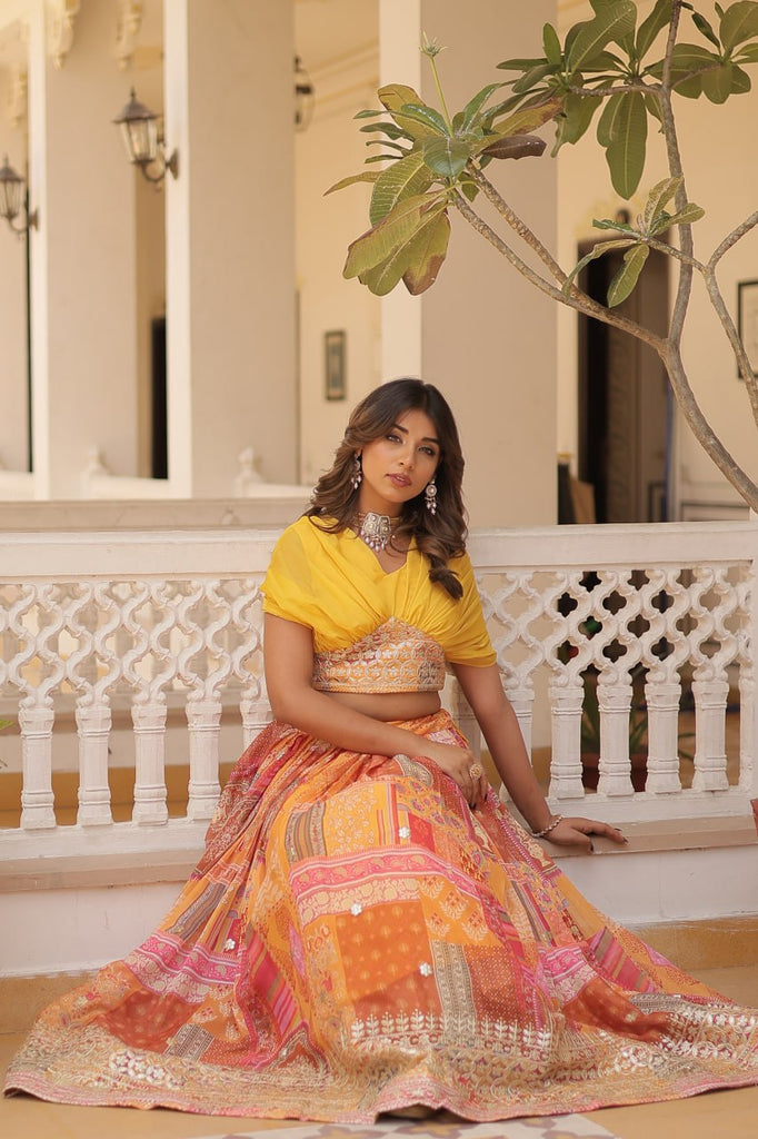 Russian Silk Yellow Lehenga Choli Set: Foil Print, Can-Can Flair ClothsVilla