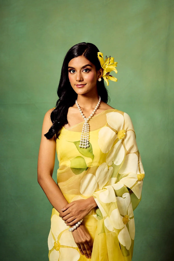 Bright Yellow Pure Organza Saree with Oversized Hand-Painted White Flowers & Sequin Detailing | Satin Blouse Included FANCY SAREES