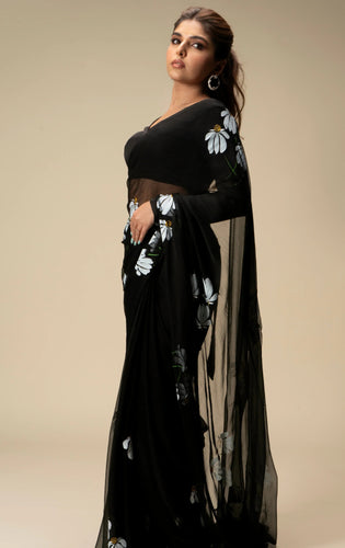 Black Hand-Painted Pure Georgette Saree with White Floral Motifs & Sequins | Modal Satin Blouse FANCY SAREES