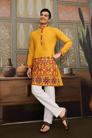 Classic Yellow Cotton Mens Ready to Wear Kurta for Navratri Clothsvilla