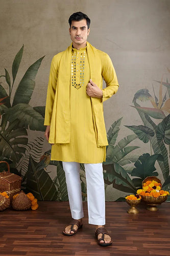 Stylish Look Perfect Haldi Yellow Color Men's Kurta with Dupatta Clothsvilla