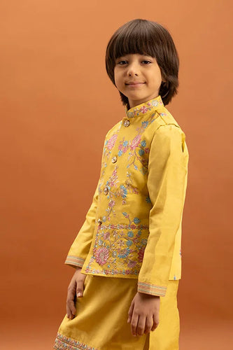 Haldi Celebration Kids Wear Yellow Kurta Pajama with Koti Clothsvilla