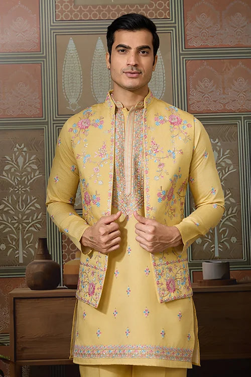 Trending Yellow Haldi Ceremony Koti Kurta for Men Clothsvilla