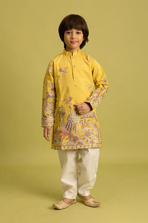 Vantara Style Yellow Kids Kurta Pajama Outfit Clothsvilla