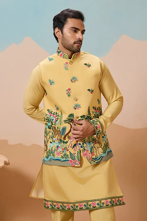 Haldi Special Yellow Classic Koti Kurta Set for Mens Wear Clothsvilla