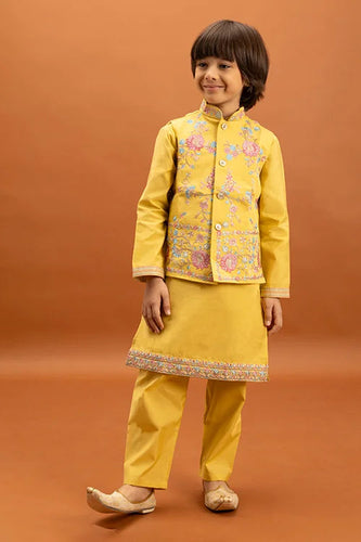 Haldi Celebration Kids Wear Yellow Kurta Pajama with Koti Clothsvilla