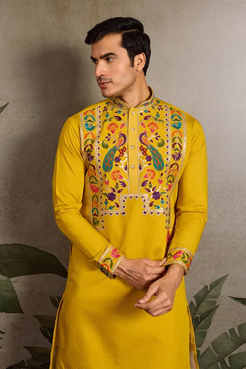 Haldi Special Yellow Embroidered Kurta for Men Clothsvilla