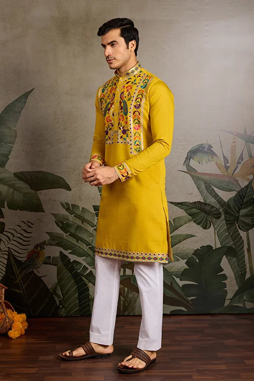 Haldi Special Yellow Embroidered Kurta for Men Clothsvilla