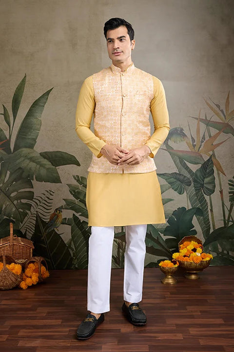 Yellow Roman Silk Kurta with Jacquard Koti Elegant Ethnic Wear Clothsvilla Main image
