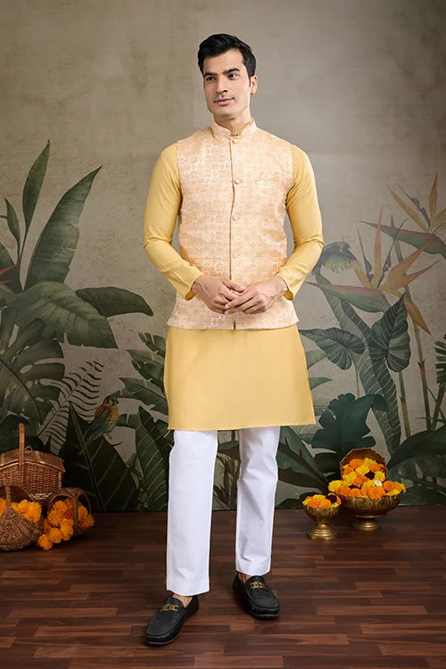 Yellow Roman Silk Kurta with Jacquard Koti Elegant Ethnic Wear Clothsvilla Main image