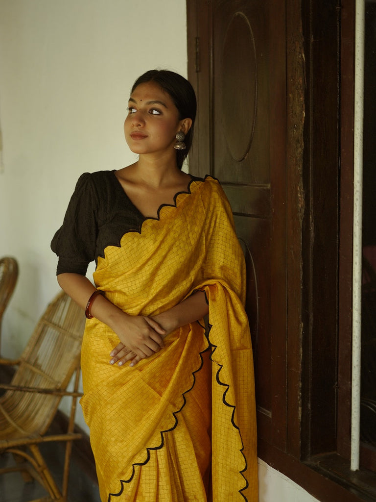 Exquisite Yellow Gadhwal Chex Saree with Arca Work and Lucknowi Work Blouse ClothsVilla