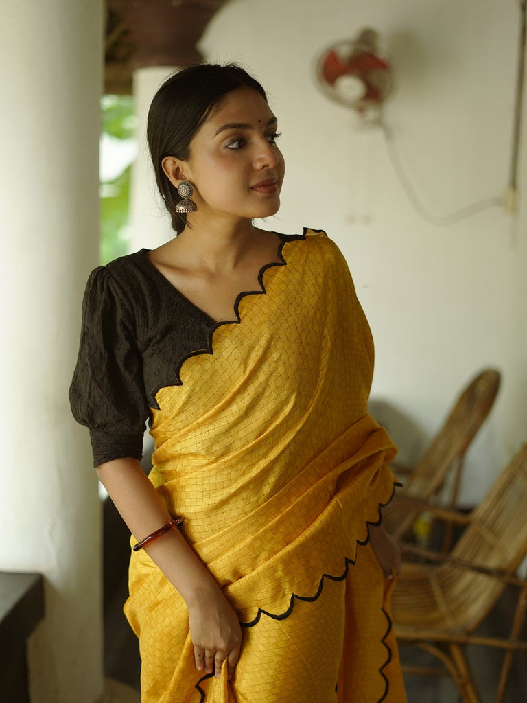 Exquisite Yellow Gadhwal Chex Saree with Arca Work and Lucknowi Work Blouse ClothsVilla