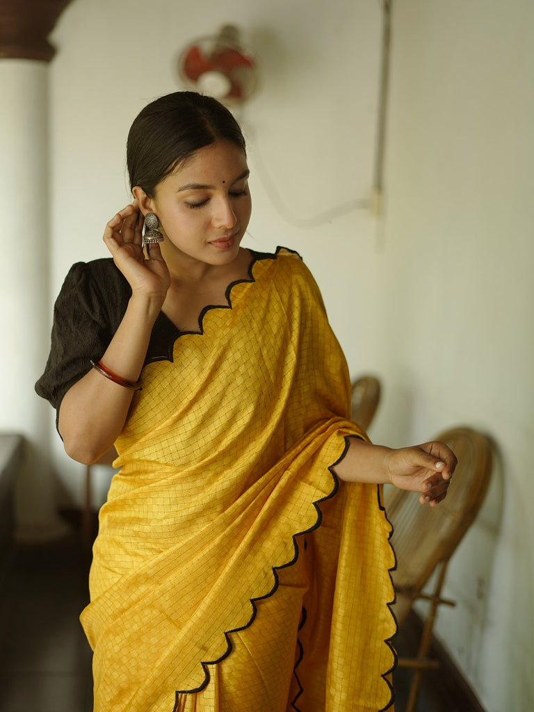 Exquisite Yellow Gadhwal Chex Saree with Arca Work and Lucknowi Work Blouse ClothsVilla