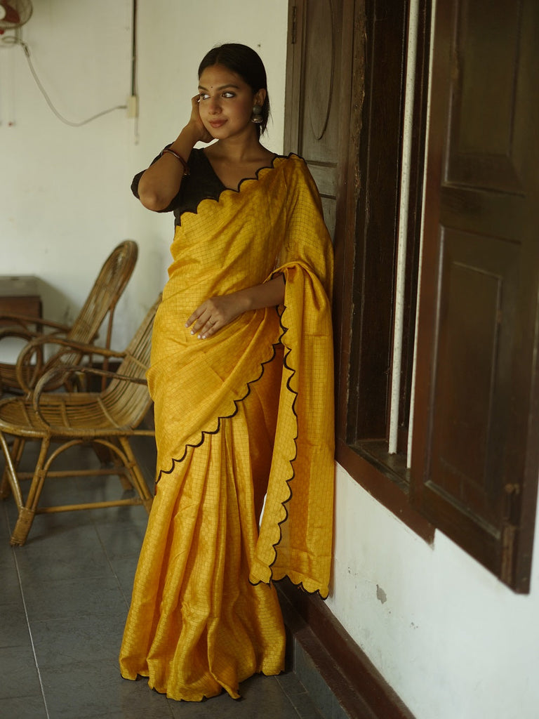 Exquisite Yellow Gadhwal Chex Saree with Arca Work and Lucknowi Work Blouse ClothsVilla