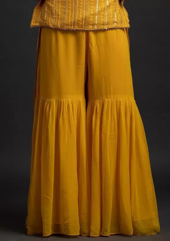 Stunning Yellow Designer Sharara Kurti Dupatta Set - Embroidered Faux Georgette & Georgette ClothsVilla