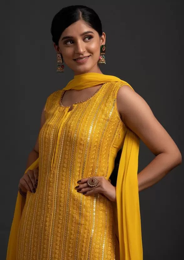 Stunning Yellow Designer Sharara Kurti Dupatta Set - Embroidered Faux Georgette & Georgette ClothsVilla
