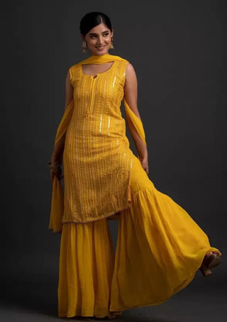 Stunning Yellow Designer Sharara Kurti Dupatta Set - Embroidered Faux Georgette & Georgette ClothsVilla