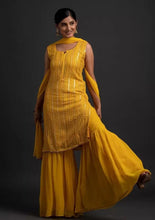 Load image into Gallery viewer, Stunning Yellow Designer Sharara Kurti Dupatta Set - Embroidered Faux Georgette &amp; Georgette ClothsVilla