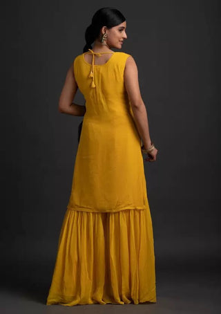 Stunning Yellow Designer Sharara Kurti Dupatta Set - Embroidered Faux Georgette & Georgette ClothsVilla