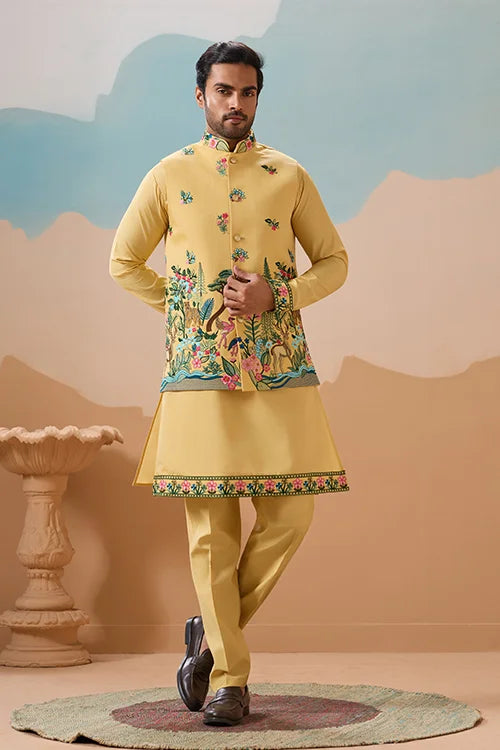 Haldi Special Yellow Classic Koti Kurta Set for Mens Wear Clothsvilla